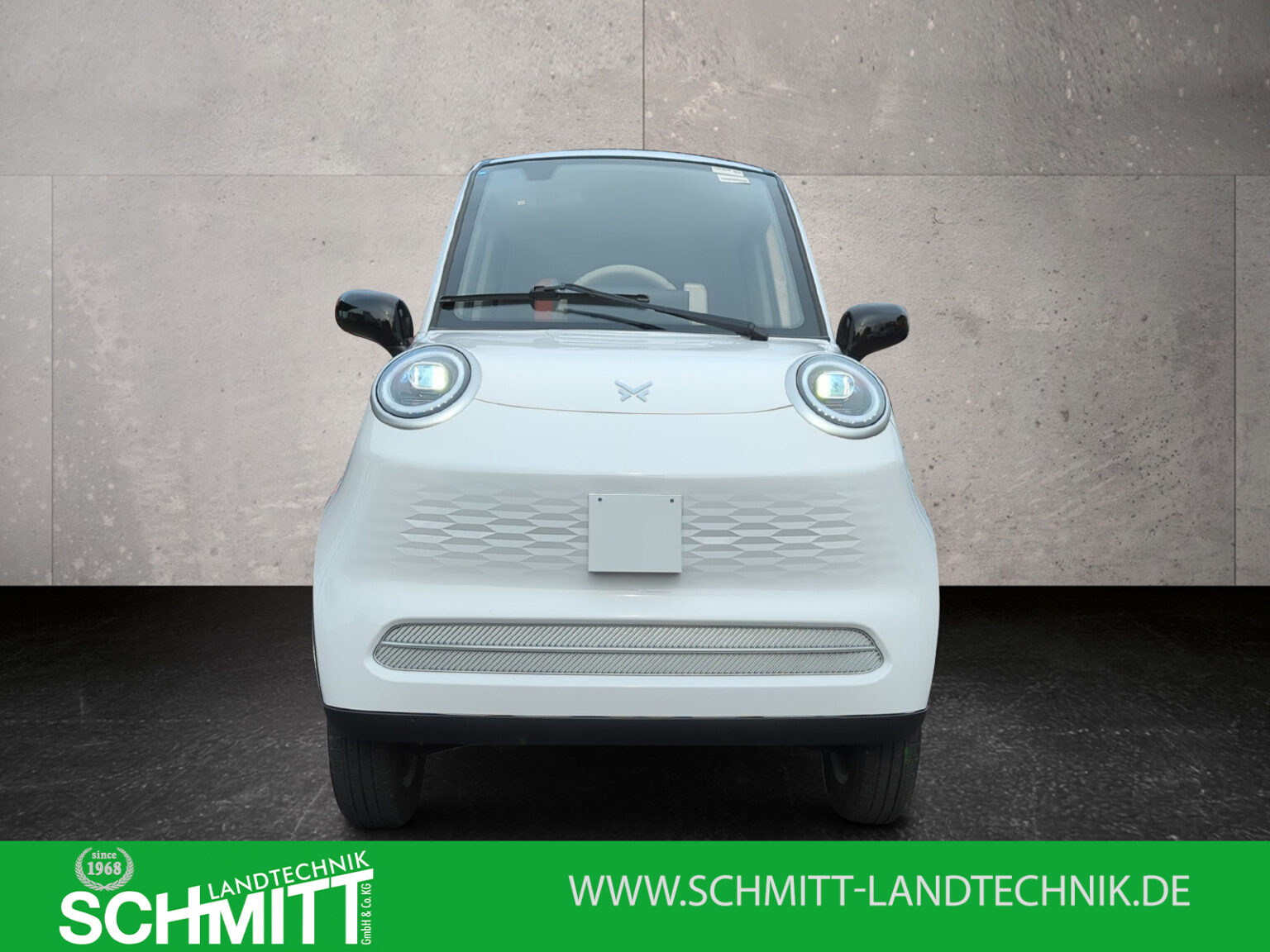 Frontansicht eines hellblauen Microcars mit Blick auf die Scheinwerfer