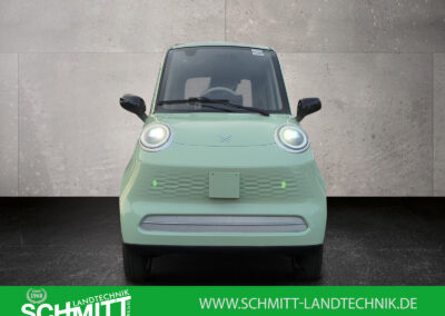 Frontalansicht des mintgrünen Microcars mit abgerundeter Frontpartie