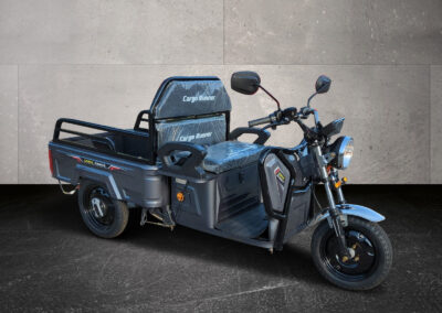 Seitliche Aufnahme des E-Lastenrads Cargo Runner Compact in der Farbe Grau