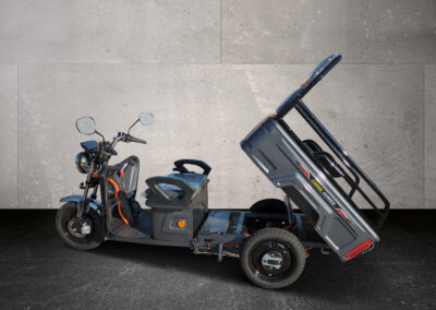 Seitenansicht grau lackierter Cargo Runner Compact mit gekippter Pritsche