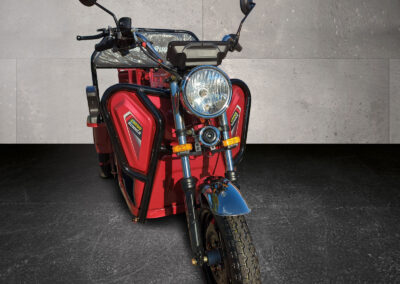 Dreiviertel-Frontansicht mit Sicht auf Frontscheinwerfer und Schutzblech beim roten Modell