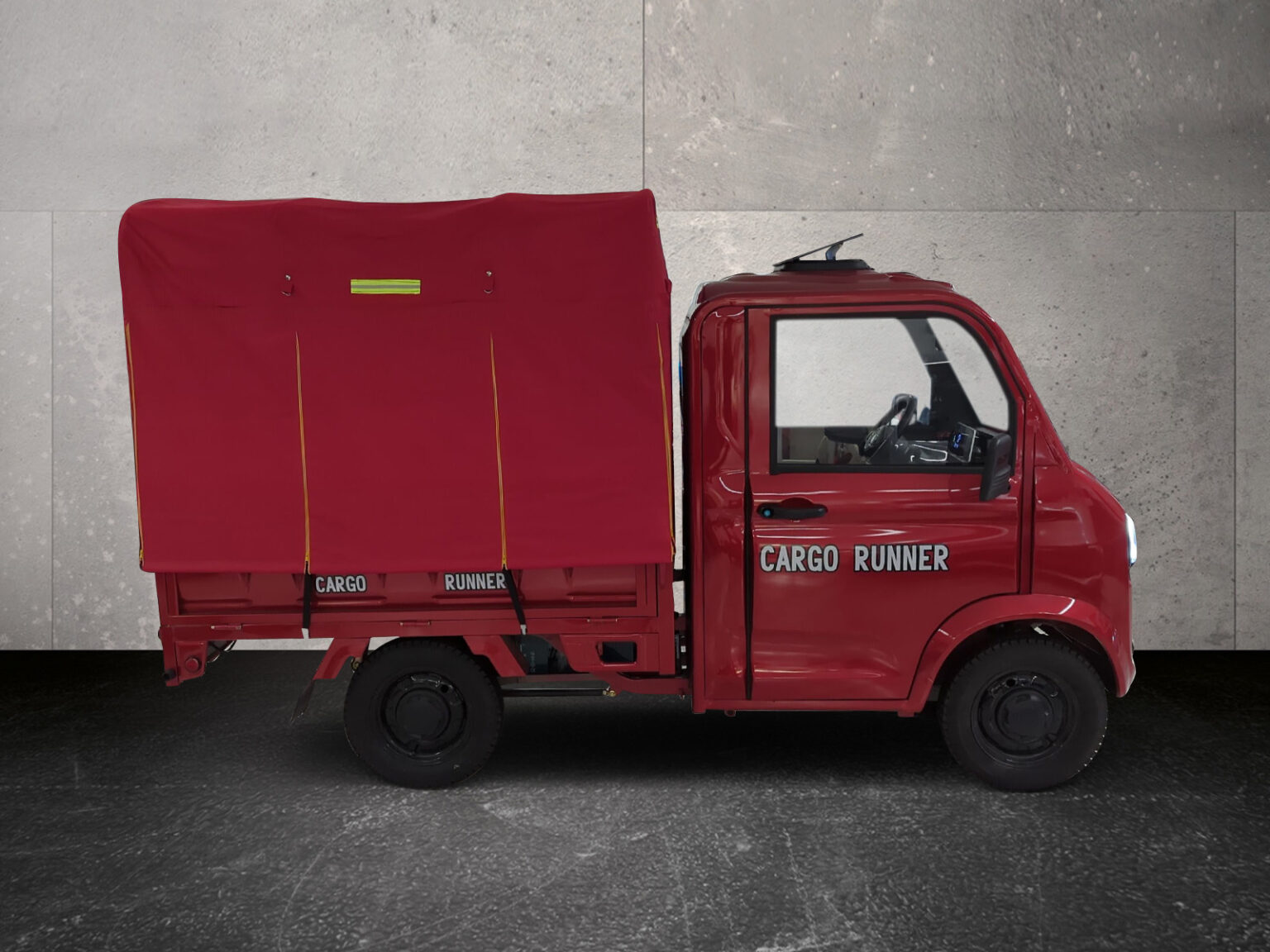 Seitenansicht des Cargo Runner Toro Rot mit Planenaufbau
